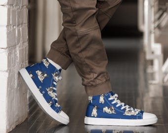 French Bulldog High Top Sneakers Men | Blue Frenchie Canvas Shoes | French Bulldog Gift | Dog Dad Gift | Frenchie Lover Men's Shoe Gift