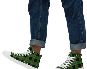 Scarpe da uomo alte in tela verde tartan • Sneakers alte a quadri • Calzature con motivo scozzese • Moda casual