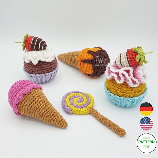 Set-Süße Waren (Erdbeer-Cupcake, Eiscreme-Eistüte und Lolli) Häkelanleitung (EN&DE) PDF-Datei | Sofort-Download