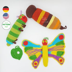 May include: Crochet pattern for a green caterpillar, a yellow butterfly, and a brown and orange cocoon. The pattern is available as a PDF download. The pattern is called "Tiffy Happy Crafts".