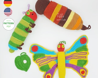 May include: Crochet pattern for a green caterpillar, a yellow butterfly, and a brown and orange cocoon. The pattern is available as a PDF download. The pattern is called "Tiffy Happy Crafts".