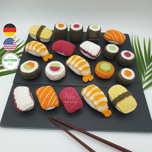 Kleines Sushi-Set für Kinderküche-Kaufladen Zubehör Häkelanleitung EN&DE PDF-Datei Sofort Download Bild 1