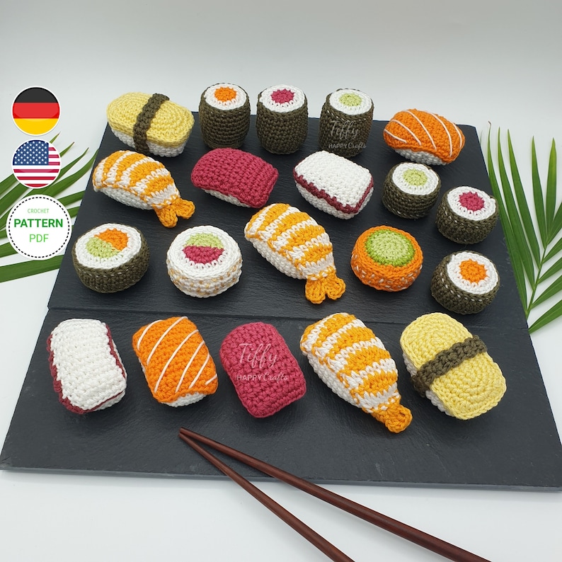 Kleines Sushi-Set für Kinderküche-Kaufladen Zubehör Häkelanleitung EN&DE PDF-Datei Sofort Download Bild 1