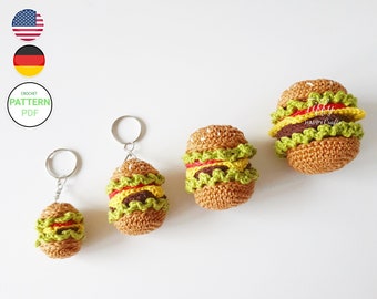 Mini hamburger 4 sizes as a key ring or children's kitchen shop accessories crochet instructions (EN&DE) PDF file Instant download