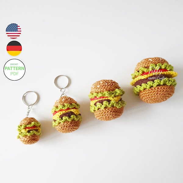 Mini hamburger 4 tailles comme porte-clés ou accessoires de magasin de cuisine pour enfants instructions au crochet (EN&DE) Fichier PDF Téléchargement instantané