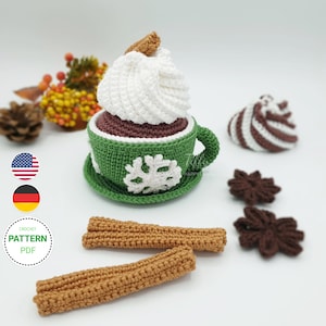 Hot chocolate with heart latte art Christmas mug + star anise, cinnamon stick | Crochet pattern (EN&DE) PDF file | Instant download