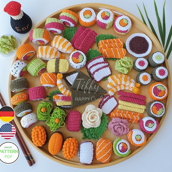 Sushi Mega Set für Kinderküche-Kaufladen Zubehör  | E-Book Häkelanleitung (EN&DE) PDF-Datei | Sofort Download