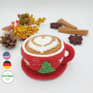 Cappuccino with heart latte art Christmas cup + star anise, cinnamon stick | Crochet pattern (EN&DE) PDF file | Instant download