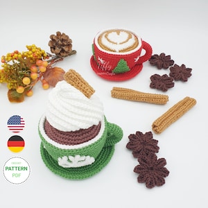 Set combination pack Christmas cup (cappuccino and chocolate with heart latte art) + star anise and cinnamon stick | Crochet pattern (EN&DE) PDF file