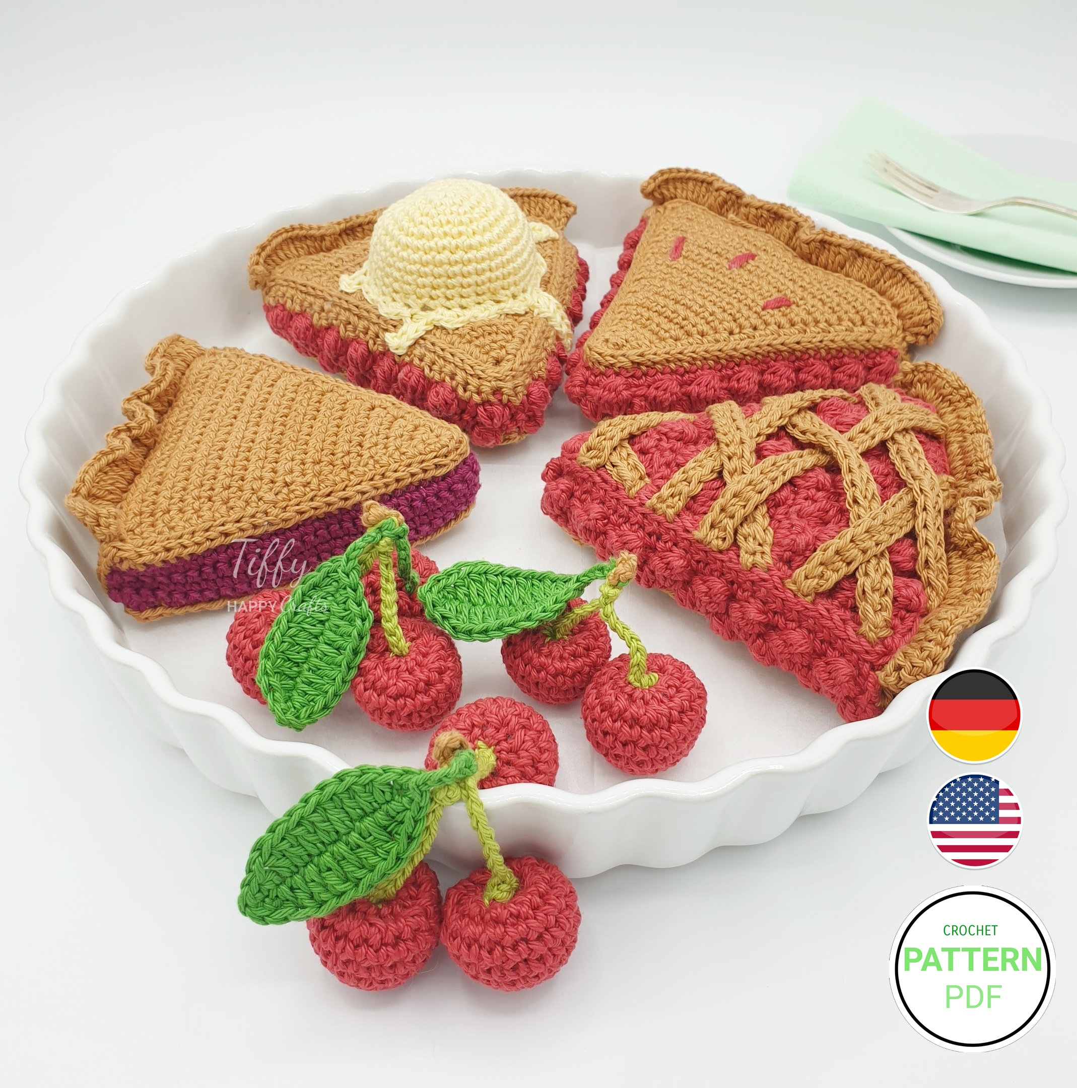 Set-Cherry Pie 4 Types | Cherry Pie with Vanilla Ice Cream Crochet Pattern (EN&DE) PDF File Instant Download