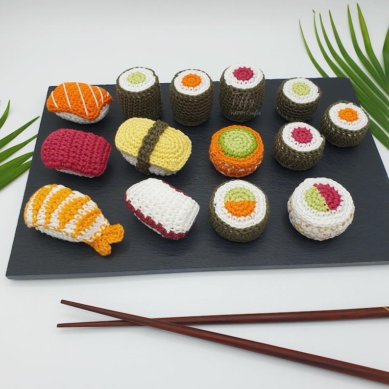 Kleines Sushi-Set für Kinderküche-Kaufladen Zubehör Häkelanleitung EN&DE PDF-Datei Sofort Download Bild 4