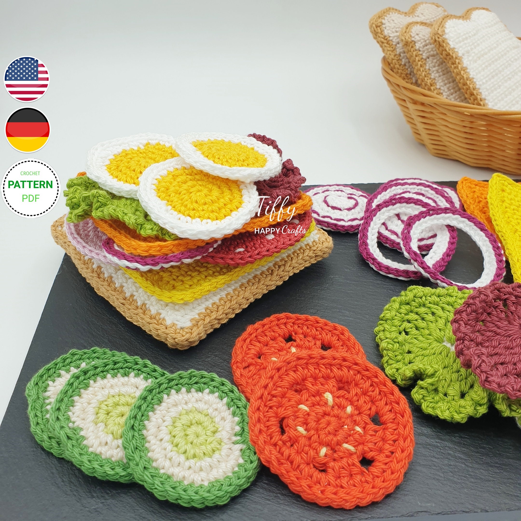 Sandwich Playset for Toy Shop Accessories | Kids Kitchen Crochet Pattern PDF Download in English and German
