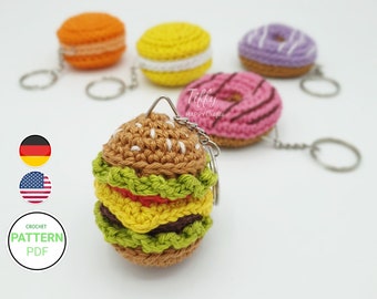 Keychain set mini hamburger, macaron and mini donut crochet pattern (EN&DE) PDF file Instant download