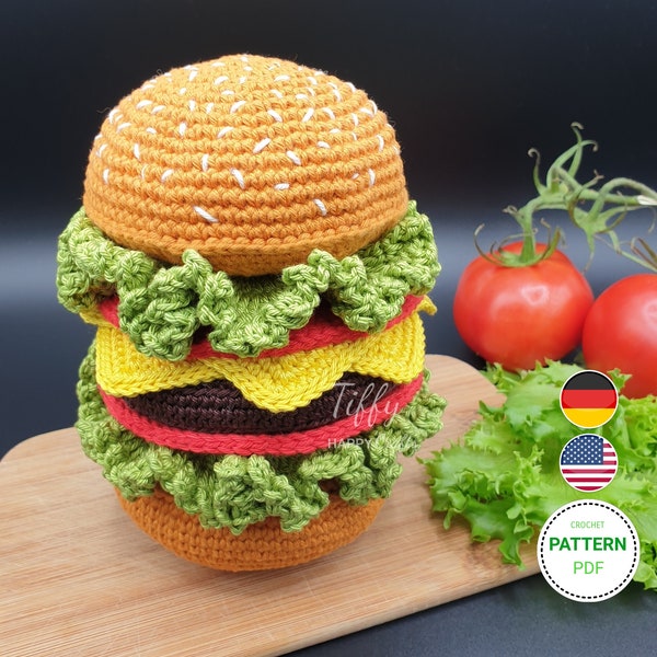 Patrón de crochet de torre apilable de hamburguesa doble con queso (EN&DE) Archivo PDF Descarga instantánea