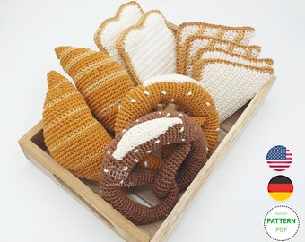 Set of baked goods for children's kitchen, shop accessories, crochet instructions (EN&DE) PDF file. Instant download