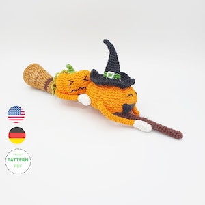 Halloween Funny Pumpkins on a Witch&#39;s Broom Crochet Pattern (EN&DE) PDF File | Instant Download