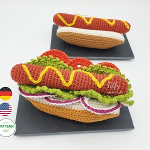 Hot Dog for children&#39;s kitchen, shop accessories | Crochet pattern in English and German PDF file | Instant download