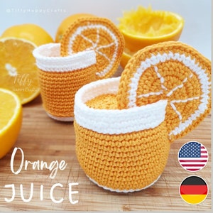Bicchiere di succo d'arancia all'uncinetto con una fetta d'arancia (2 misure) | Amigurumi Play Food Schema all'uncinetto PDF
