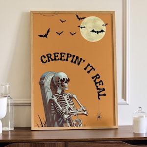 Creepin’ It Real Halloween Poster | Funny Skeleton Wall Art | Digital Download | Spooky Retro Halloween Decor | Printable Sign