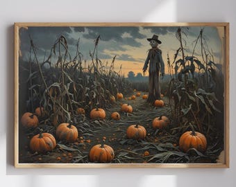 Vogelscheuche im Kürbisfeld Digitaldruck – Gothic Halloween Wandbild | Gruselige Herbst Dekoration