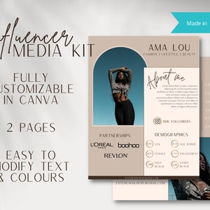 Ama Lou Instagram Influencer Media Kit Template, 2 Pages, Customizable in Canva, Business, Instagram, YouTube, Price List