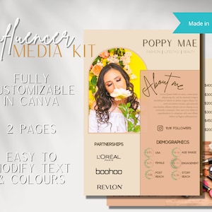 Poppy Mae Instagram Influencer Media Kit Template, 2 Pages, Customizable in Canva, Business, Instagram, YouTube, Price List