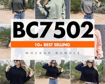Bella Canvas 7502 Mockup Bundle, Cropped Hoodie Mock Up, Sweatshirt Mockup, Printful Mock, Cute Crop Hoodie Mock