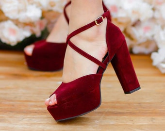 maroon chunky heels