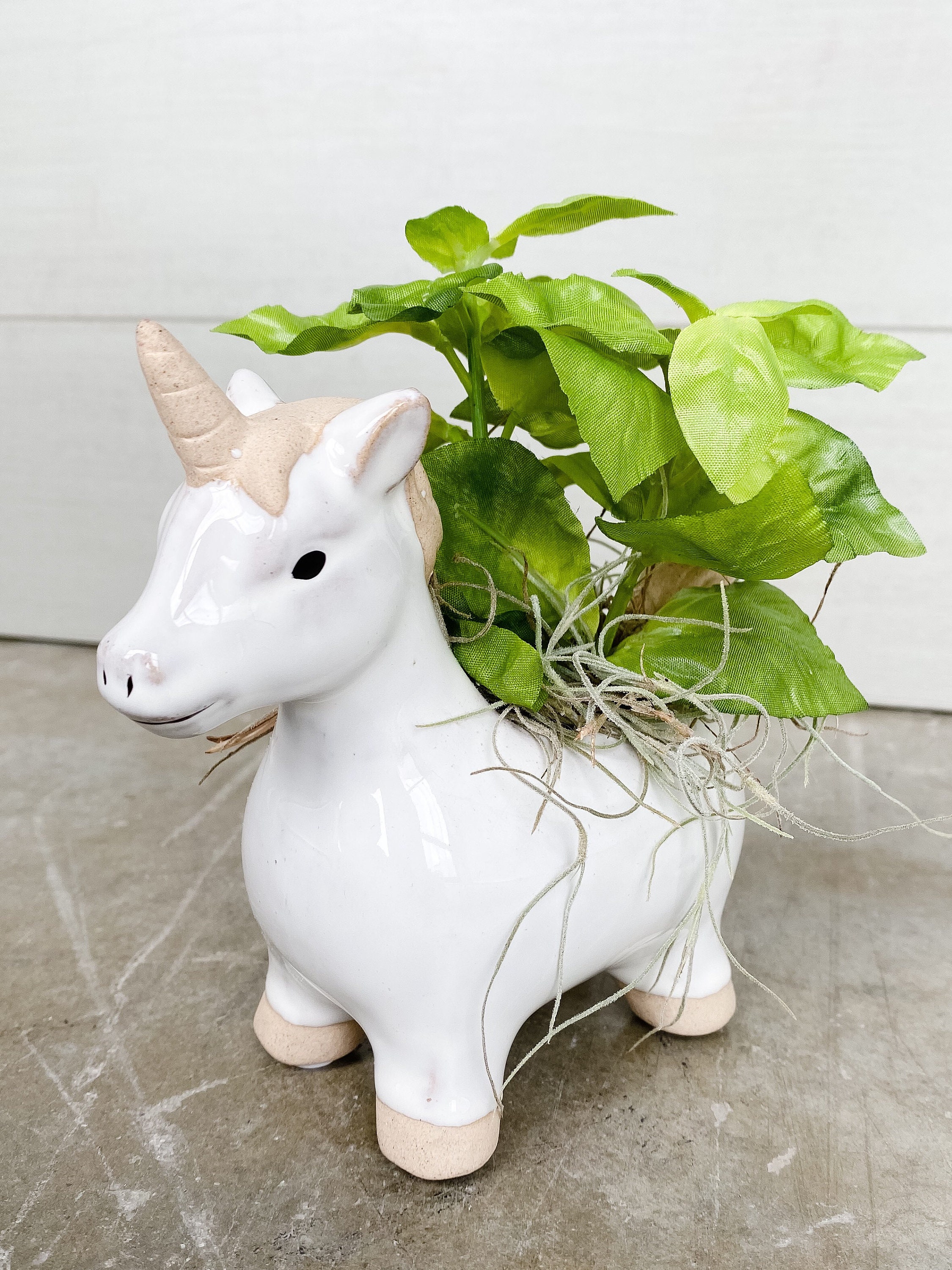 Adorable Unicorn vase with very realistic silk green floral Etsy