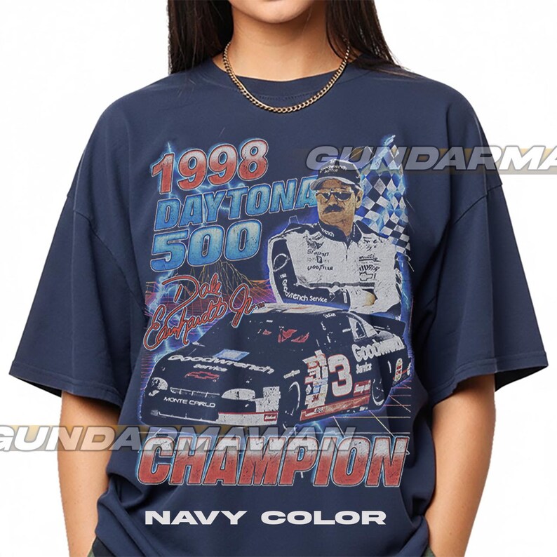 T-shirt Dale Earnhardt Daytona 500 de 1998, style NASCAR vintage, motif rétro champion, cadeau idéal pour les fans (femmes et hommes). Navy
