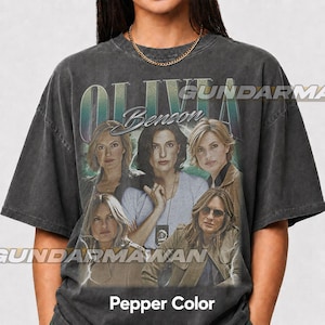 May include: Pepper color t-shirt featuring a vintage-style graphic of several women with the name "Olivia Benson" above them. The shirt has a distressed look, with the text "Pepper Color" at the bottom.