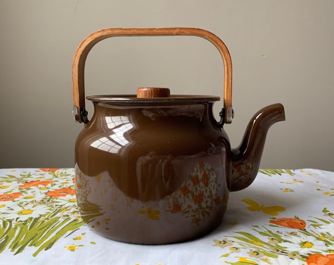 Vintage Enamel Teapot With Wood Handle Brown Etsy