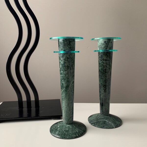 80's Green Marble Candle Holders Set of 2