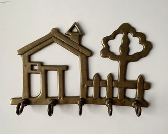 Vintage Brass Key Holder - Tree & House