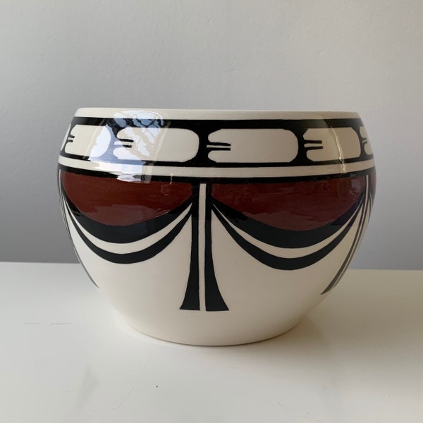 Vintage White Ceramic Planter with Brown & Black Design