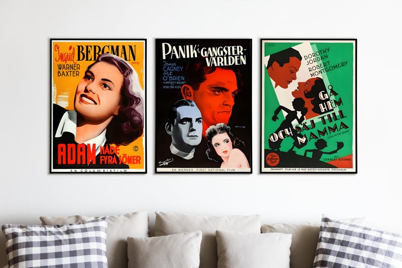 May include: Three vintage movie posters with red, white and black text on a white background. The posters are for the films "Adam Had Four Sons", "Panic Gangster World", and "Go Home and Tell Your Mother".