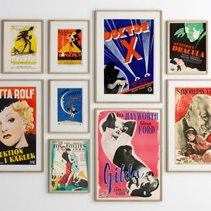 May include: A wall gallery of vintage movie posters in various colours and styles. The posters feature titles such as "Tutta Rolf", "Doctor X", "Gilda", "Fox Follies", "Stroheim's Greed", and "Mysteriet Dracula".