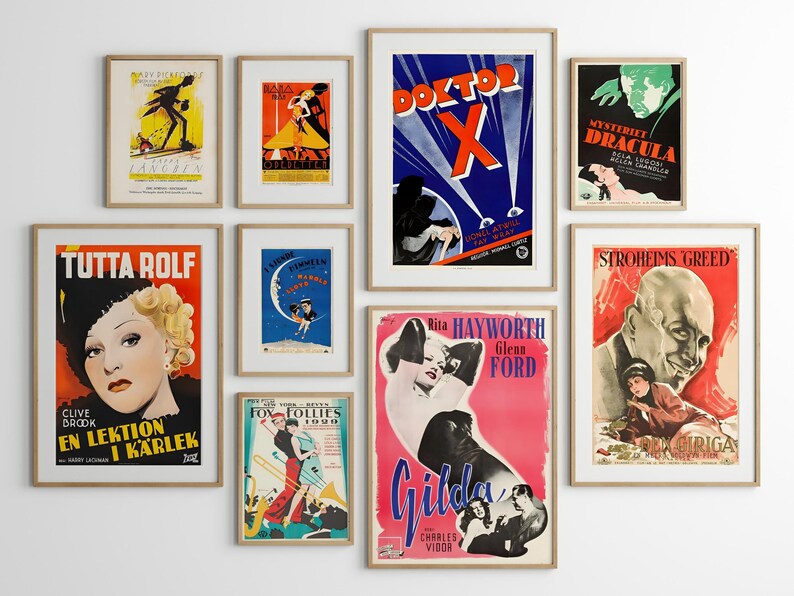 May include: A wall gallery of vintage movie posters in various colours and styles. The posters feature titles such as "Tutta Rolf", "Doctor X", "Gilda", "Fox Follies", "Stroheim's Greed", and "Mysteriet Dracula".
