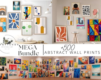 May include: A collection of over 500 abstract wall prints in a variety of colors and styles. The prints are arranged in a grid pattern on a wall, with some prints overlapping. The text "MEGA Bundle" and "+500 ABSTRACT WALL PRINTS" is visible at the bottom of the image.