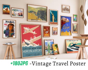 May include: A collection of vintage travel posters featuring destinations like New York City, Texas, Egypt, and New Zealand. The posters are framed and displayed on a white wall. The posters are in various colors and styles, and they feature images of airplanes, cities, and landscapes.