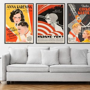 May include: Three vintage movie posters with red, white and black colour schemes. The posters are for the films "Anna Karenina", "Madame Vem?" and "Under Cirkus Kupolen".
