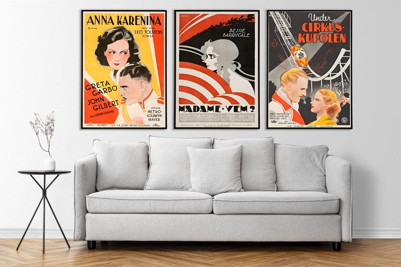 May include: Three vintage movie posters with red, white and black colour schemes. The posters are for the films "Anna Karenina", "Madame Vem?" and "Under Cirkus Kupolen".