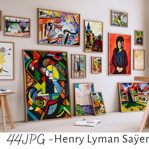 May include: A collection of framed paintings in various styles and colors, including abstract, landscape, and portrait, displayed on a white wall. The paintings are arranged in a grid pattern, with some overlapping. The wall is decorated with a few small, decorative items, such as a vase and a plant. The room is brightly lit, and the paintings are the focal point of the image.