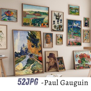 May include: A collection of framed paintings by Paul Gauguin, including landscapes, portraits, and still lifes. The paintings are displayed on a white wall with a wooden floor.
