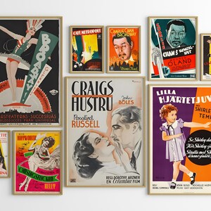 May include: A wall collage of vintage movie posters in various colours and styles. The posters feature titles like "Broadway", "Craig's Hustru", "Charlie Chan at the Race Track", "Lilla Hjartet", and "The Cat Creeps".