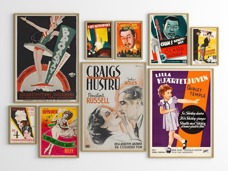 May include: A wall collage of vintage movie posters in various colours and styles. The posters feature titles like "Broadway", "Craig's Hustru", "Charlie Chan at the Race Track", "Lilla Hjartet", and "The Cat Creeps".