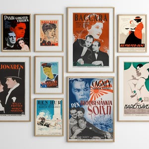 May include: A wall collage of vintage movie posters in various colours and styles. The posters feature titles such as "Panic Gangster Varlden", "Baccarat", "Revolver-Jane", "Millionaren", "The Bloodthirsty Sun", and "The Sea Adventure".
