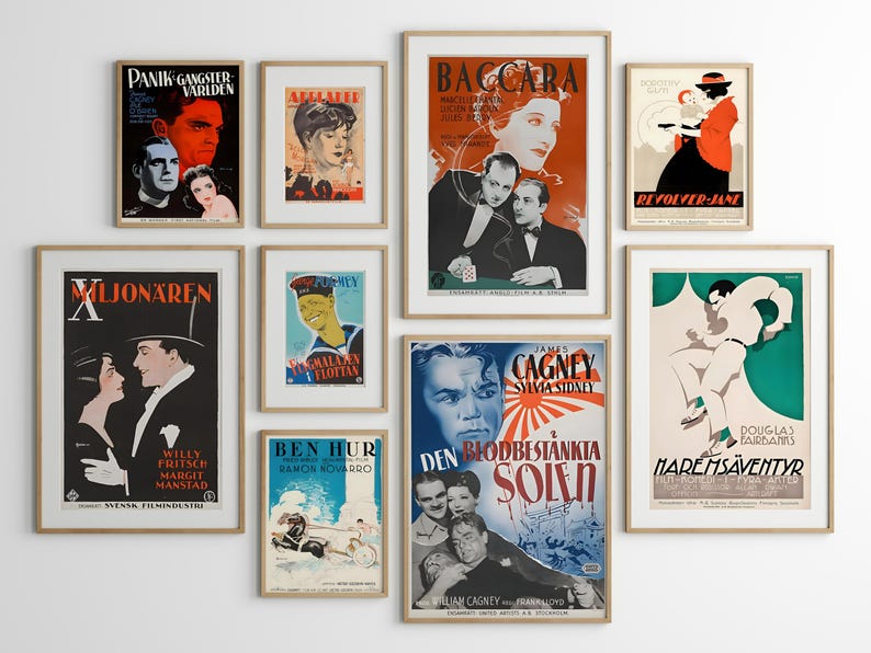 May include: A wall collage of vintage movie posters in various colours and styles. The posters feature titles such as "Panic Gangster Varlden", "Baccarat", "Revolver-Jane", "Millionaren", "The Bloodthirsty Sun", and "The Sea Adventure".