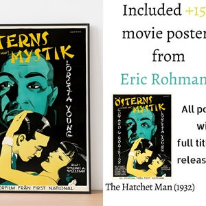 May include: A vintage movie poster for the film "The Hatchet Man" (1932) in Swedish, featuring a black and green colour scheme with the title "&Ouml;sterns Mystik" and the actors Edward G. Robinson and Loretta Young.