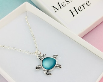 Turtle Necklace, Ocean Jewelry, Sea Glass pendant with tortoise charm, boho jewellery bohemian gift, friend gift minimalist, beach accessory
